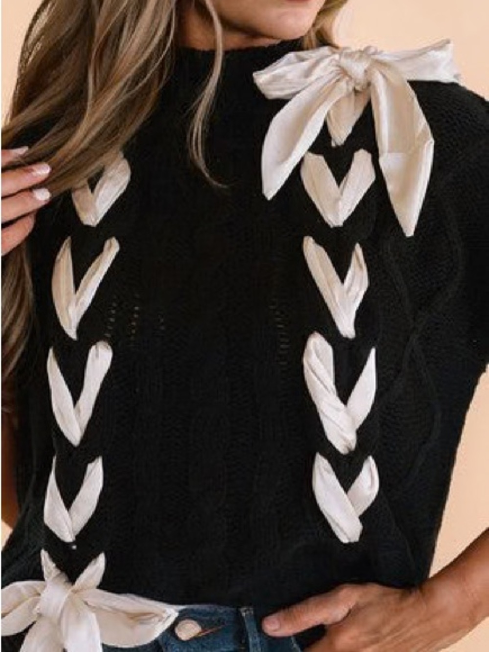 Vici Black Cowlneck Sweater with Cream Ribbon Braid Accents